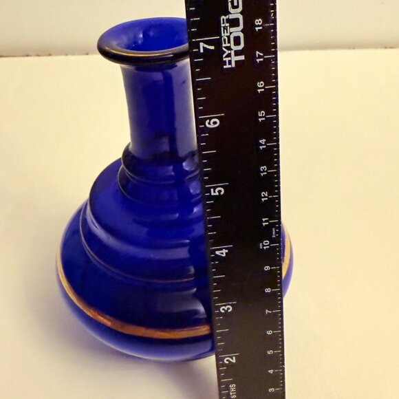 Cobalt Blue Glass Vase Flared Rim Gold Accents Victorian Era Handblown Collectib - Picture 9 of 14
